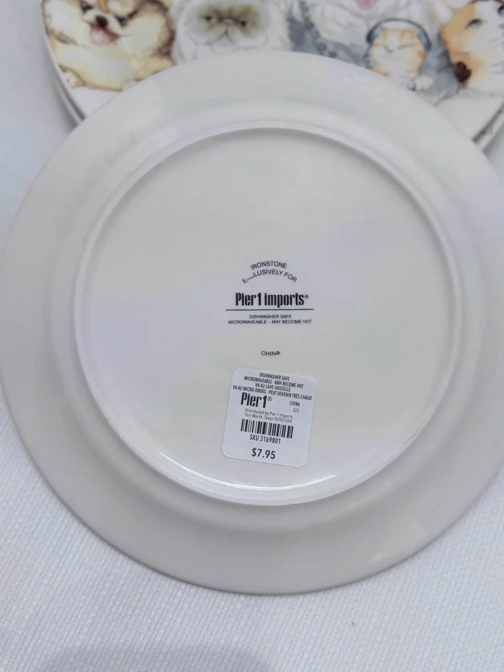 Pier 1 White Ceramic Plate with Playful Pet Illustration